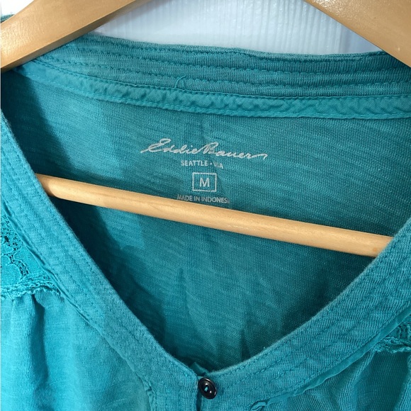 Eddie Bauer Women's Vintage Teal Y2K Lace detail Teal Button Henley - Picture 2 of 4